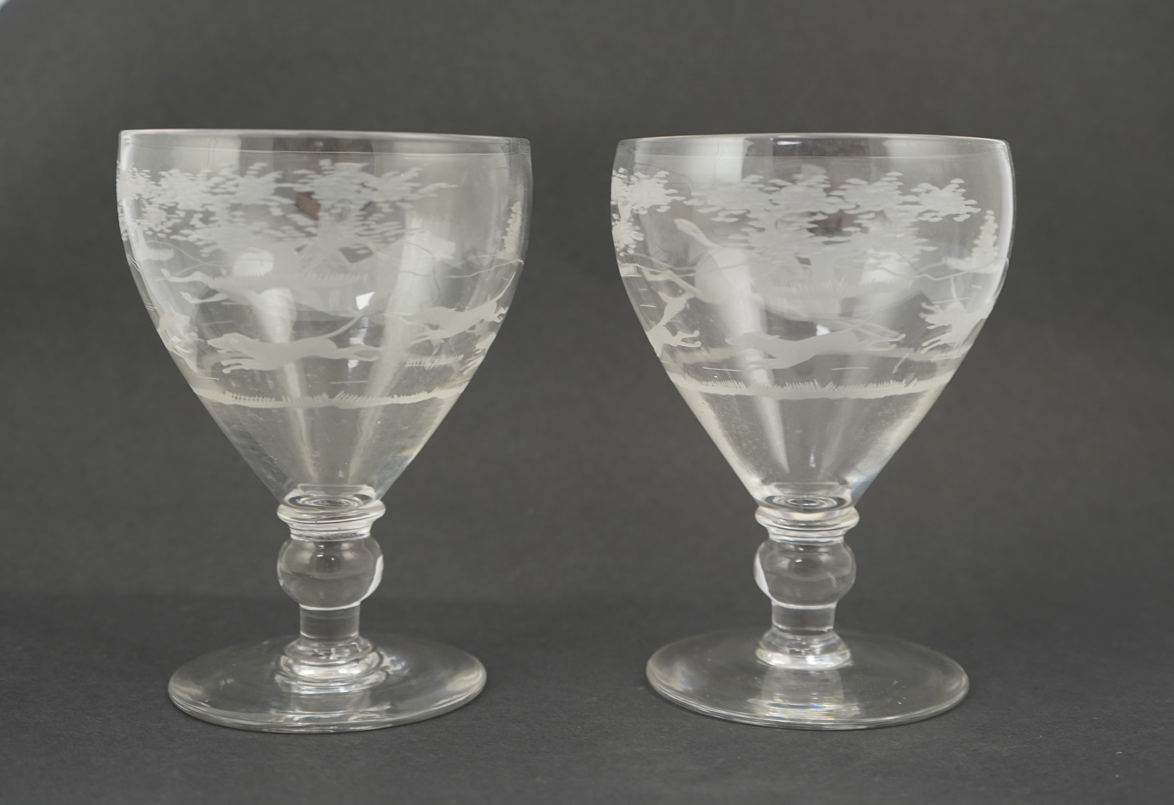A pair of large late 18th century rummers with knopped stems